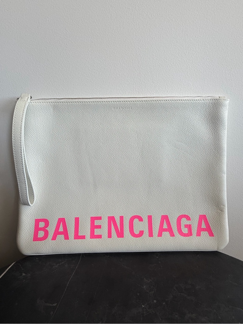 Brand New Balenciaga White Leather Clutch with Hot Pink Logo